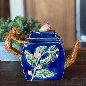 Henriksen Imports Classic Majolica Handpainted Stoneware Teapot w/ Monkey Handle